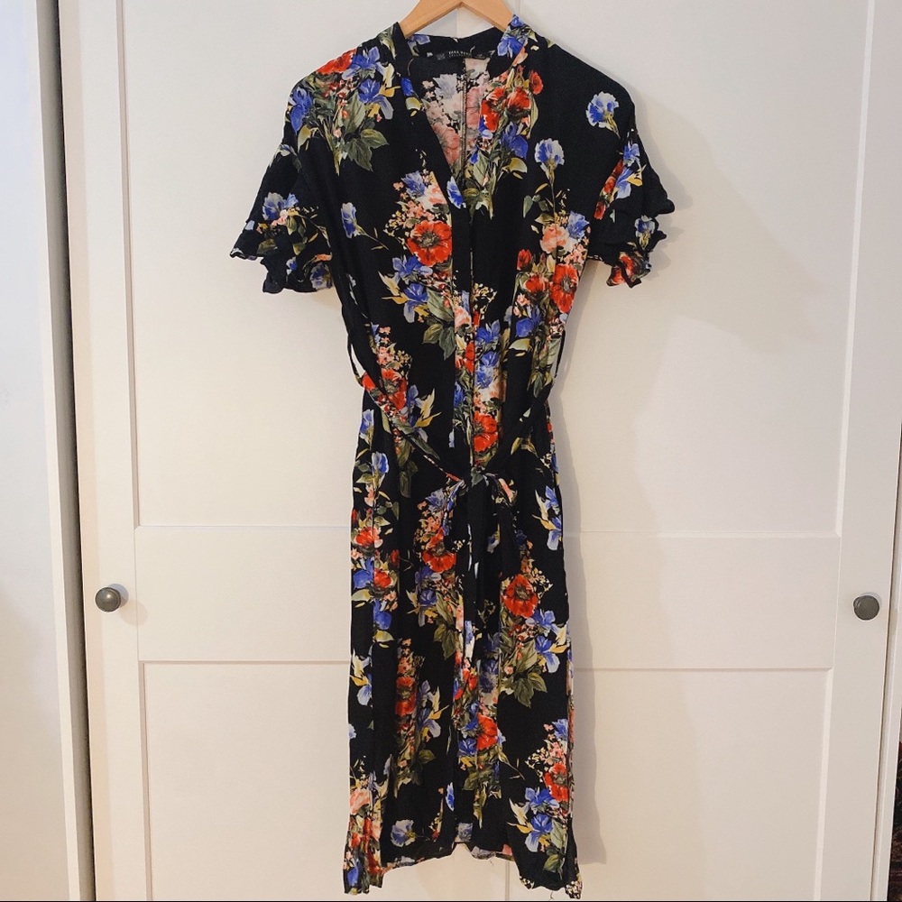 Zara black floral print midi dress